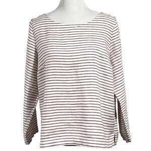 Artisan NY 100% Linen Top Womens L Burgundy White Striped Long Sleeve Boat Neck